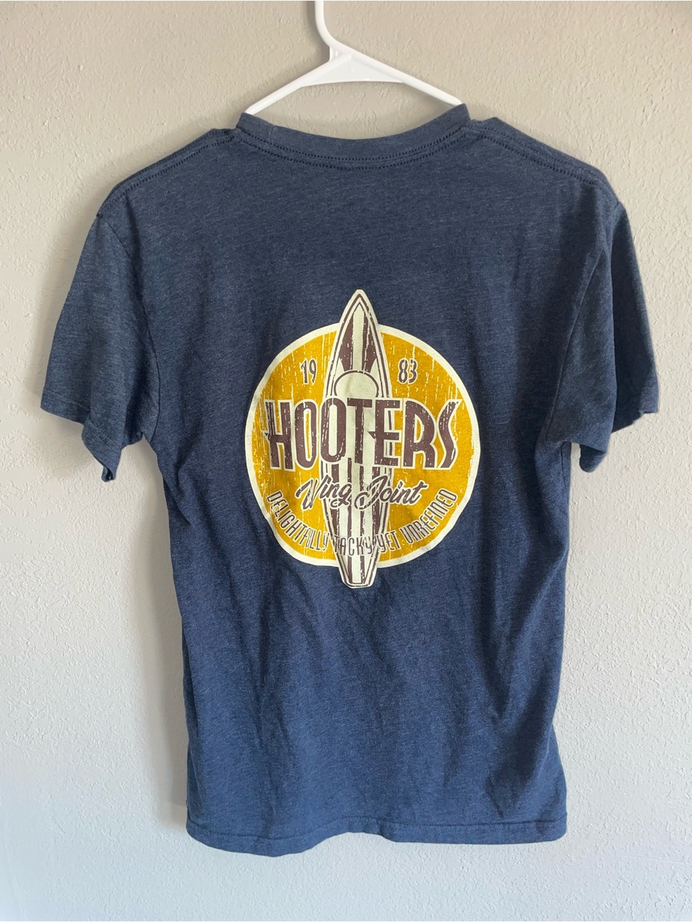 Hooters Navy Blue Tee with Yellow Surf Graphic